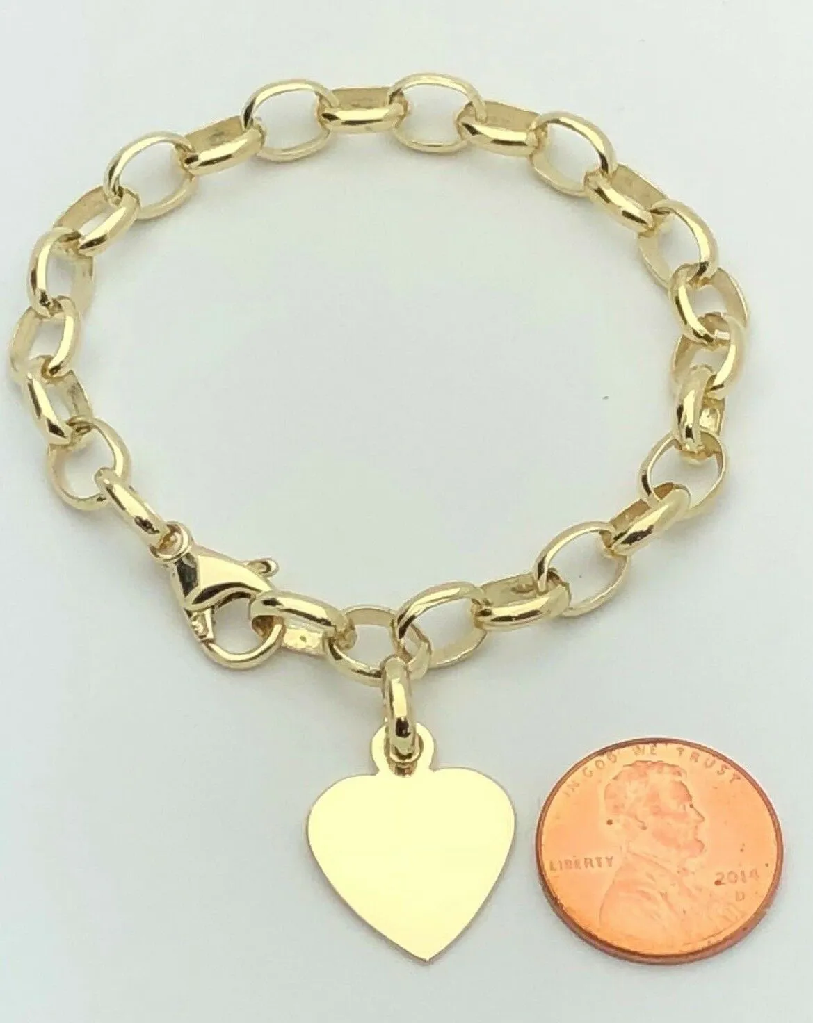 14k Yellow Gold Oval Link Heart Charm Bracelet 8" 18 grams