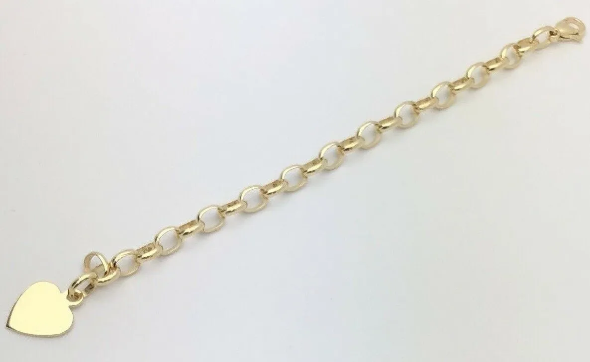 14k Yellow Gold Oval Link Heart Charm Bracelet 8" 18 grams