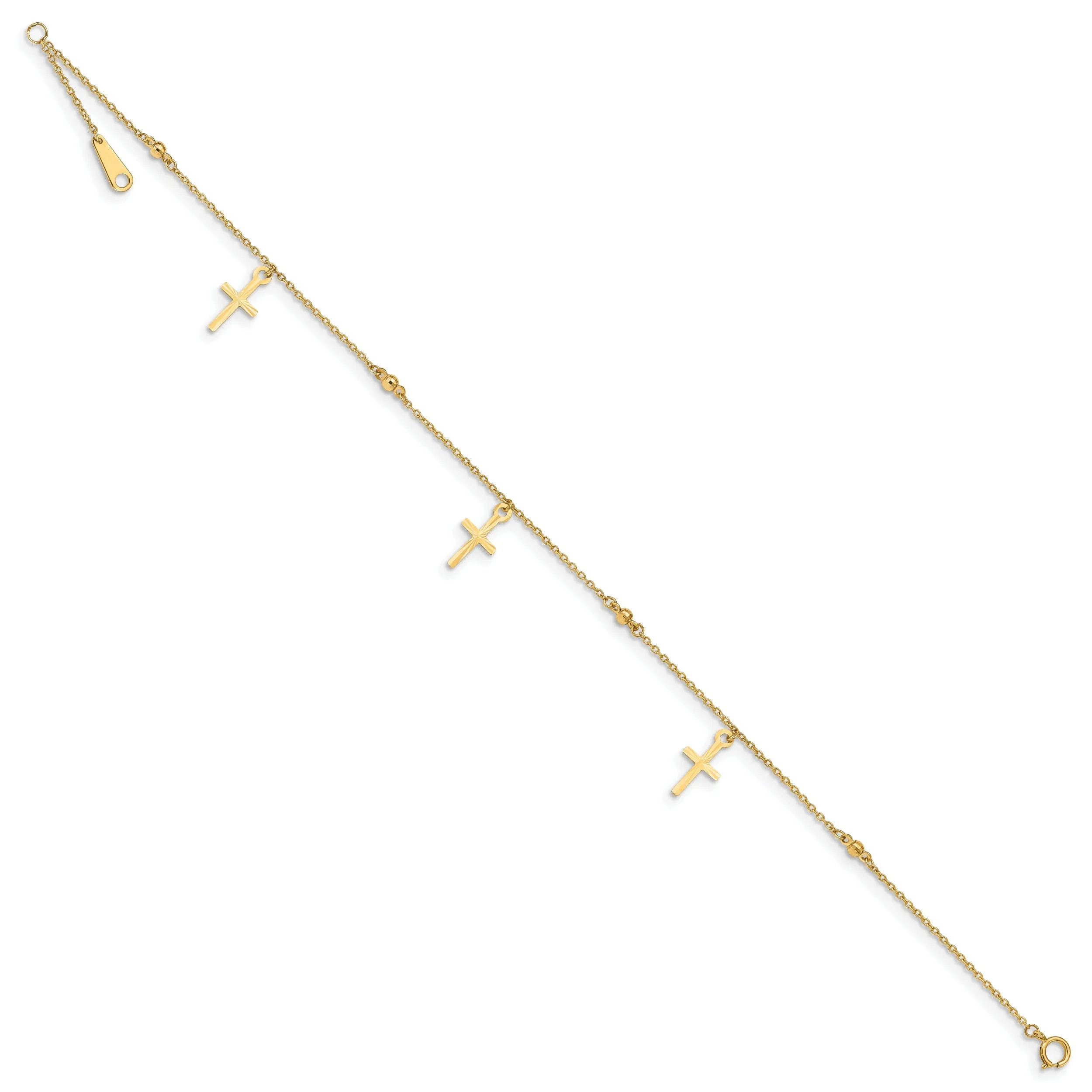 14k Yellow Gold Polished and Textured Cross Anklet