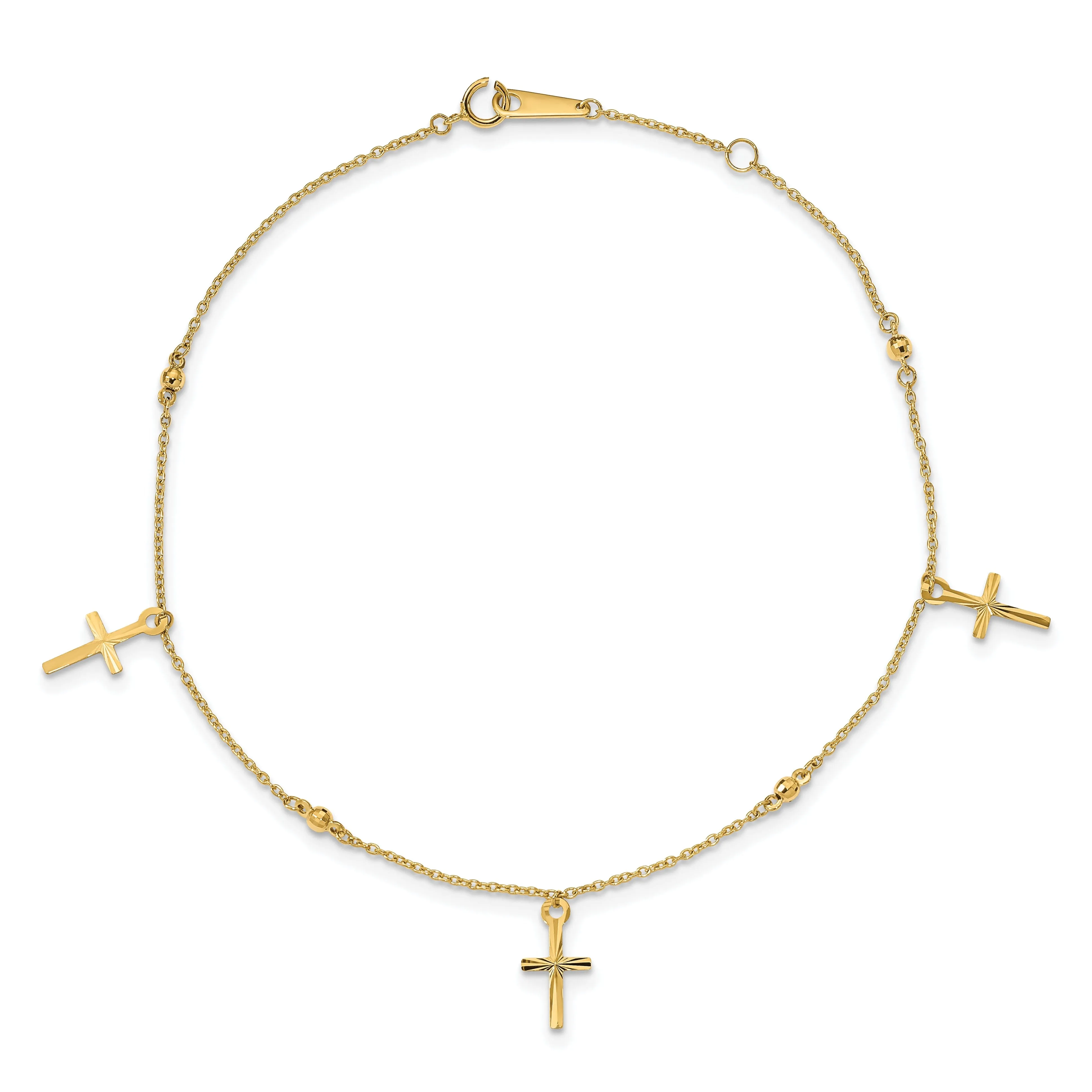 14k Yellow Gold Polished and Textured Cross Anklet