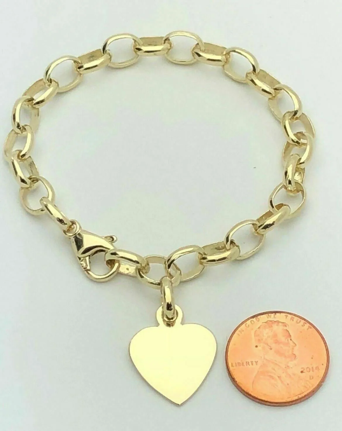 14k Yellow Gold Rolo Link Heart Charm Bracelet 8" 17.5 grams