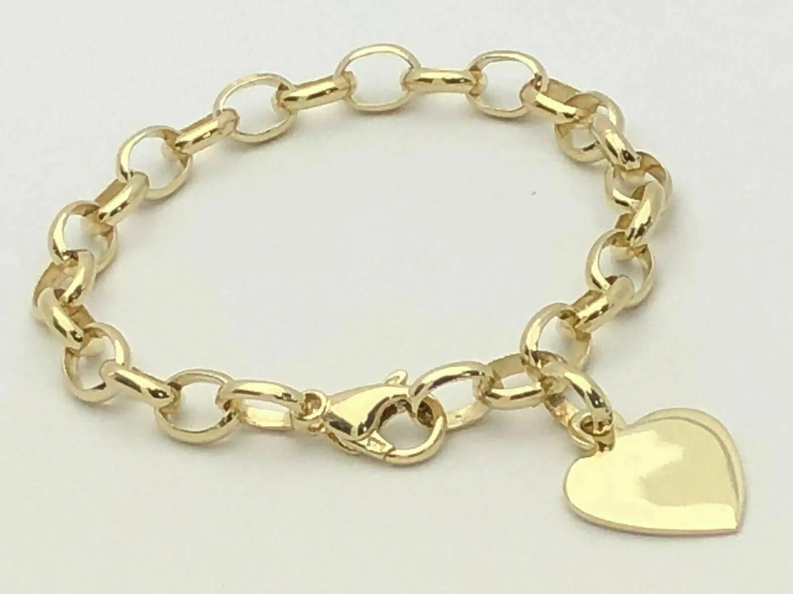 14k Yellow Gold Rolo Link Heart Charm Bracelet 8" 17.5 grams