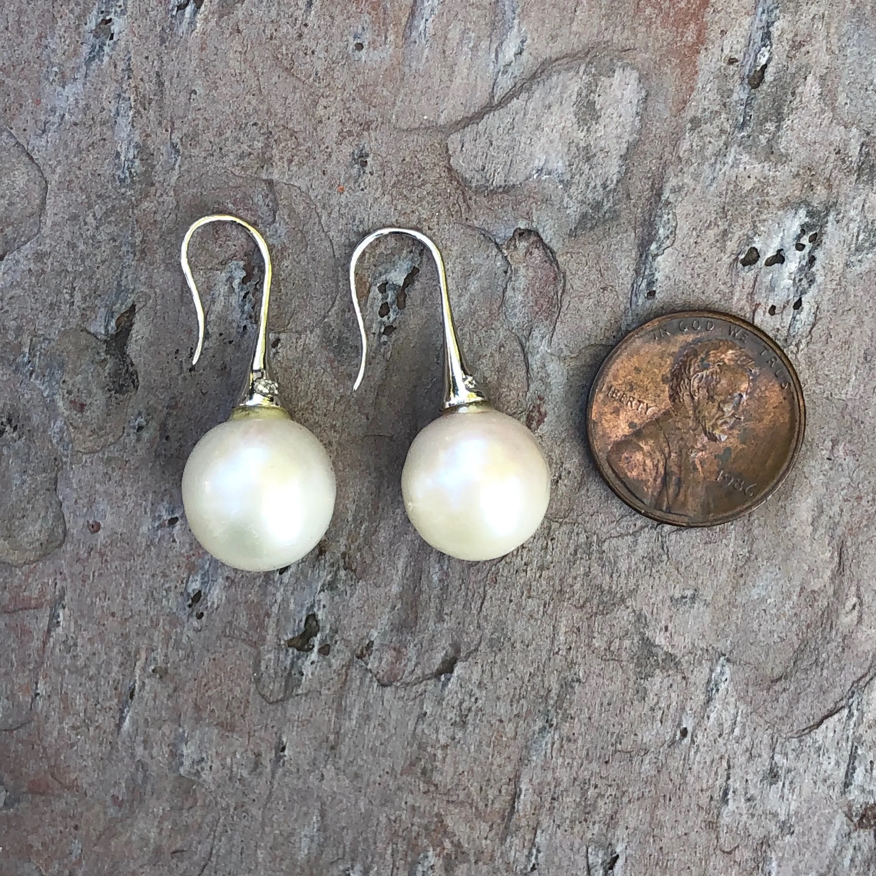 14KT White Gold Pave Diamond   11mm Paspaley Pearl Drop Earrings