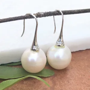14KT White Gold Pave Diamond   11mm Paspaley Pearl Drop Earrings