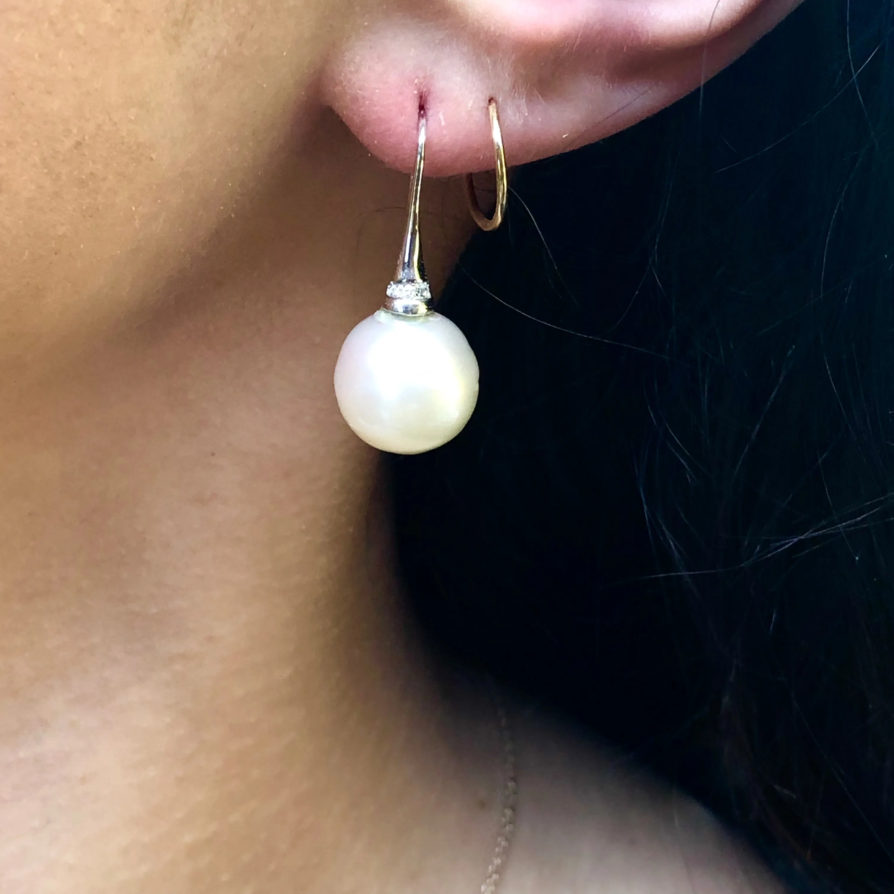 14KT White Gold Pave Diamond   11mm Paspaley Pearl Drop Earrings