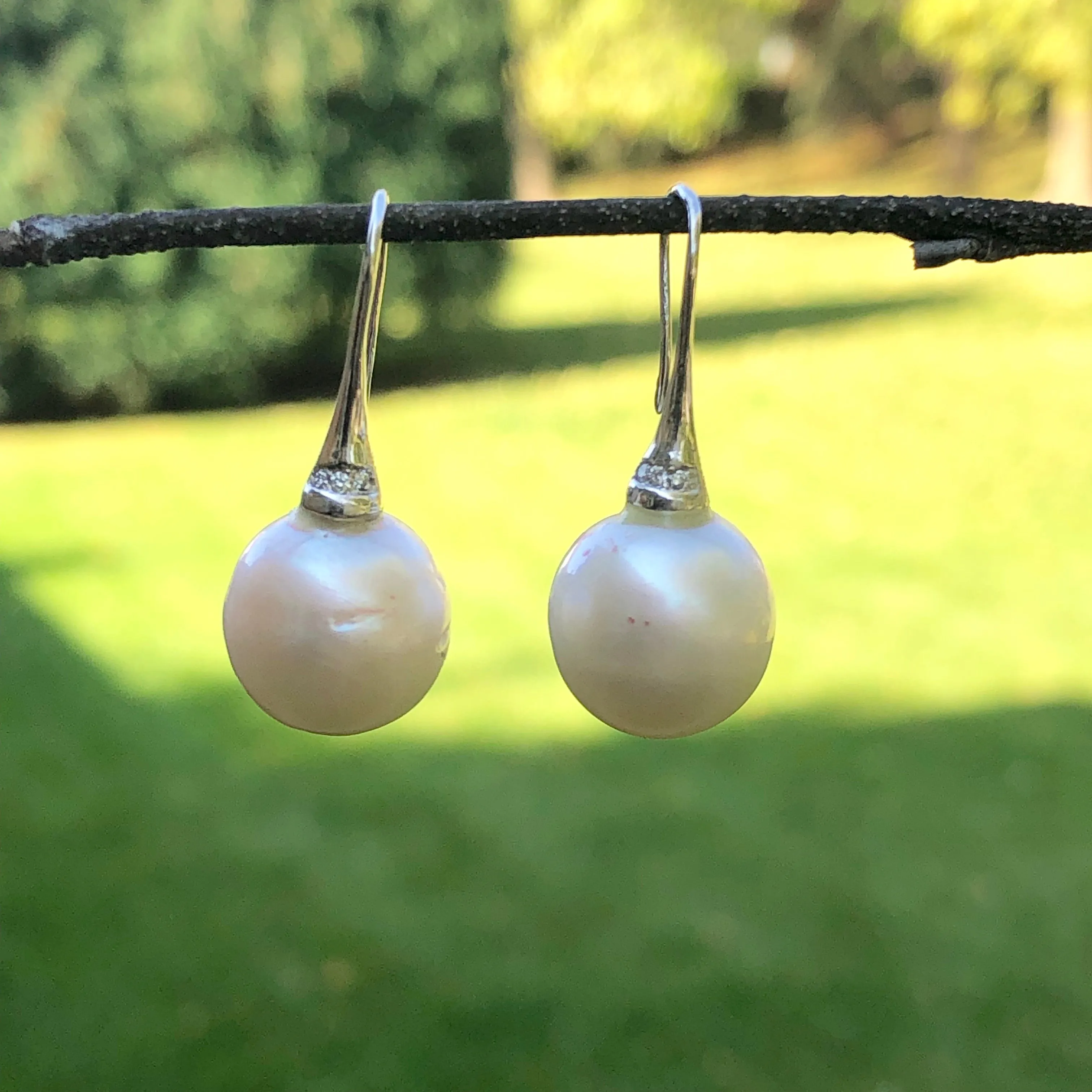 14KT White Gold Pave Diamond   11mm Paspaley Pearl Drop Earrings