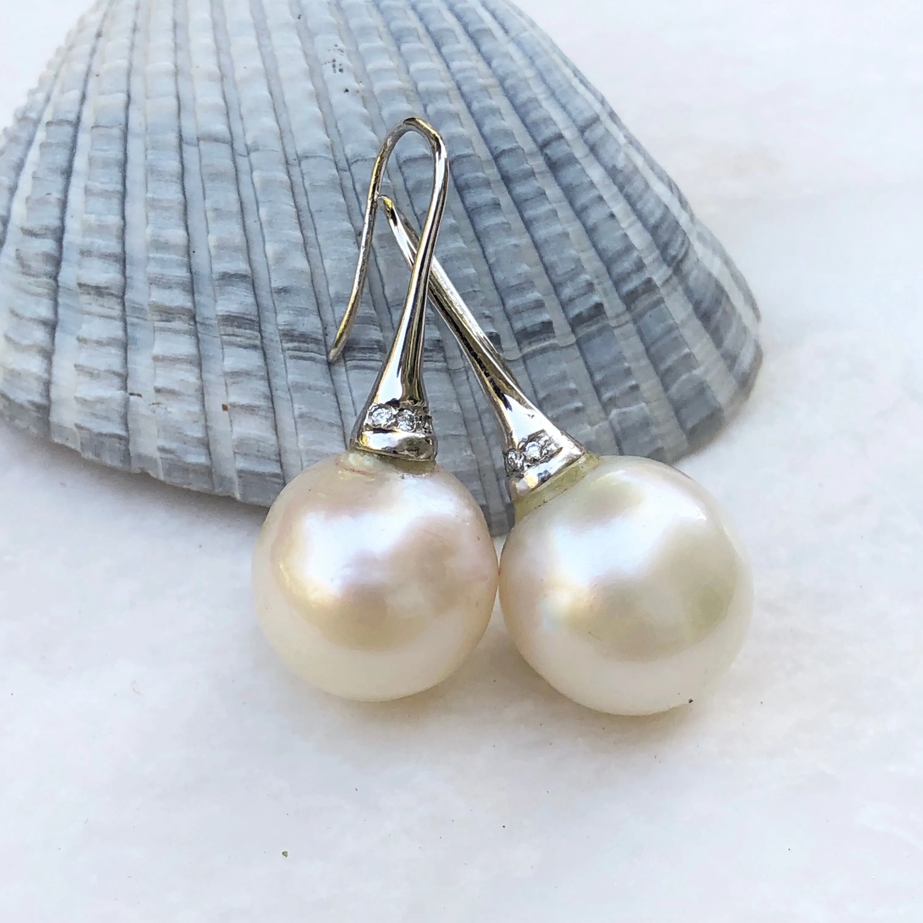 14KT White Gold Pave Diamond   11mm Paspaley Pearl Drop Earrings