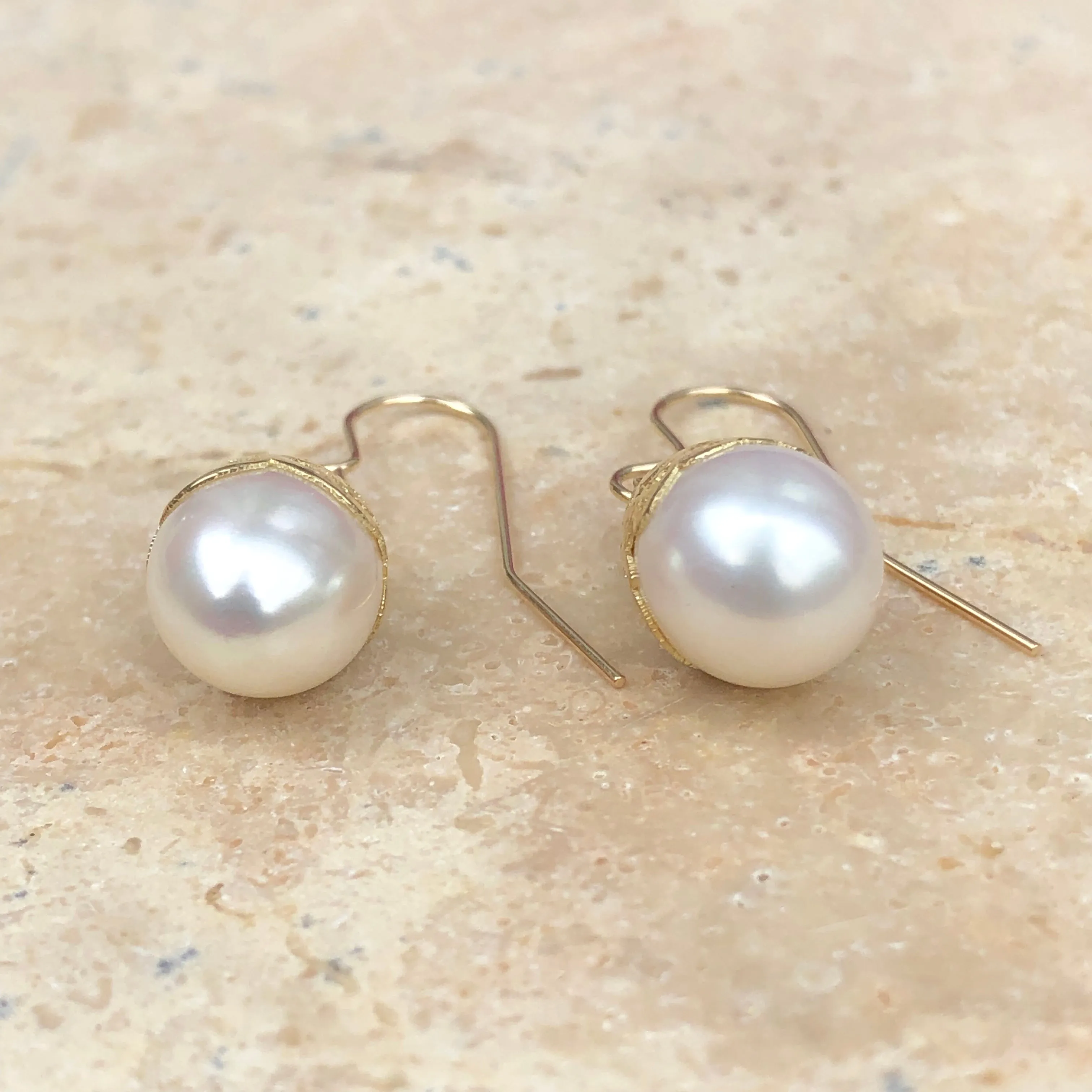 14KT Yellow Gold Filigree Lace   Freshwater Pearl Earrings