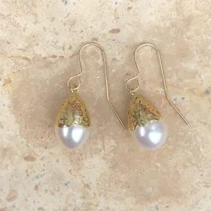 14KT Yellow Gold Filigree Lace   Freshwater Pearl Earrings