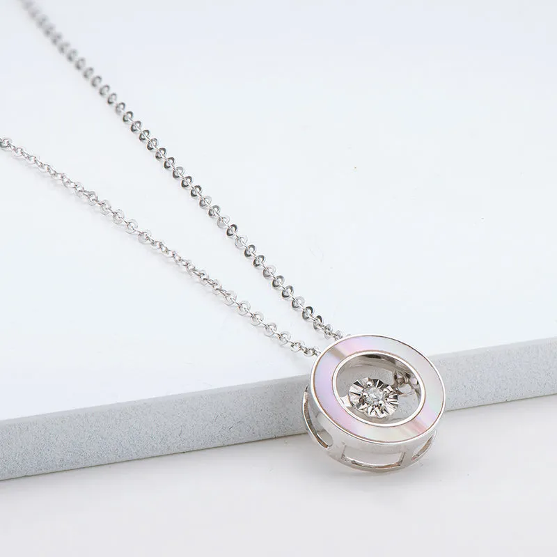 18K Gold 0.021ct Natural Diamond 0.45ct Mother-Of-Pearl Circle Dancing Pendant Necklace