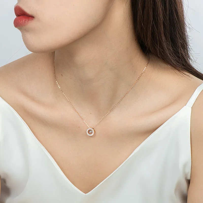 18K Gold 0.021ct Natural Diamond 0.45ct Mother-Of-Pearl Circle Dancing Pendant Necklace