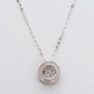 18K Gold 0.021ct Natural Diamond 0.45ct Mother-Of-Pearl Circle Dancing Pendant Necklace