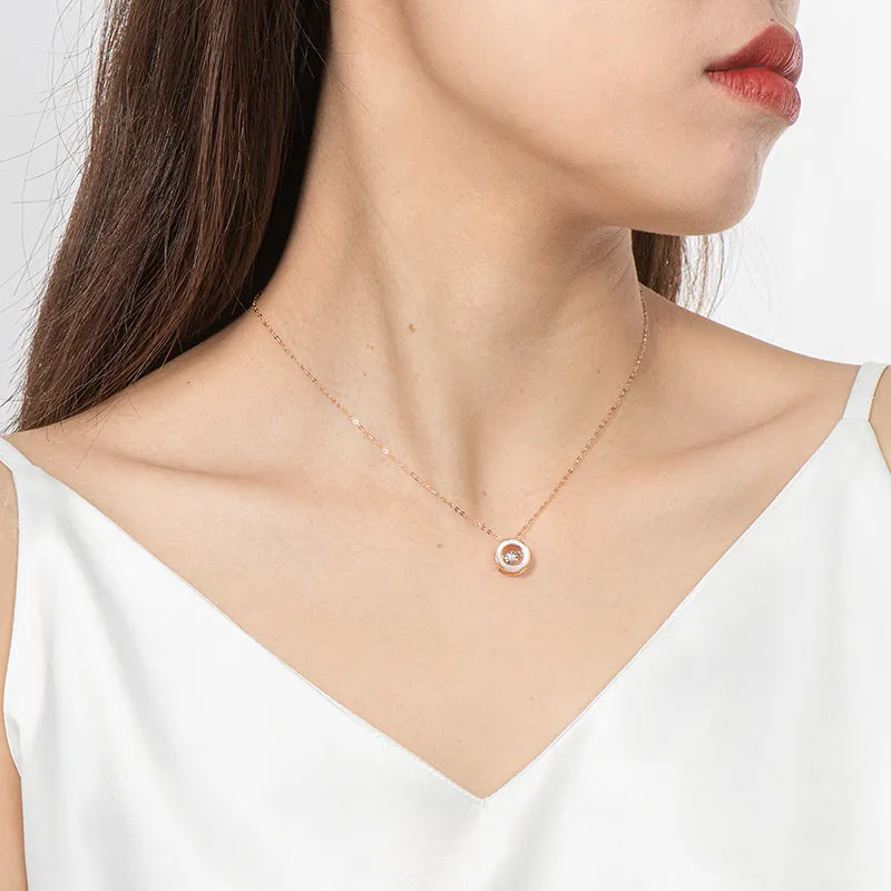18K Gold 0.021ct Natural Diamond 0.45ct Mother-Of-Pearl Circle Dancing Pendant Necklace