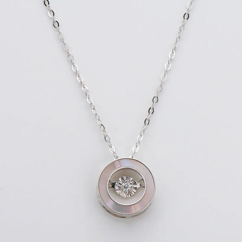 18K Gold 0.021ct Natural Diamond 0.45ct Mother-Of-Pearl Circle Dancing Pendant Necklace