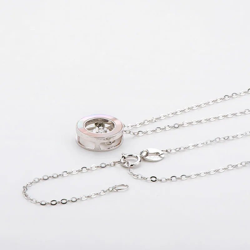 18K Gold 0.021ct Natural Diamond 0.45ct Mother-Of-Pearl Circle Dancing Pendant Necklace