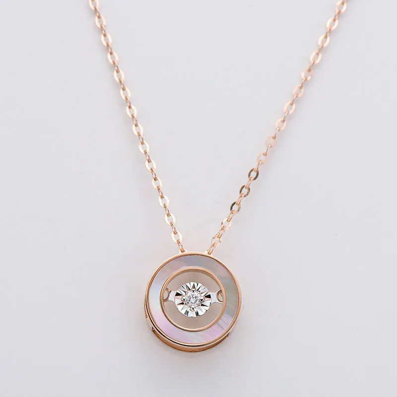 18K Gold 0.021ct Natural Diamond 0.45ct Mother-Of-Pearl Circle Dancing Pendant Necklace
