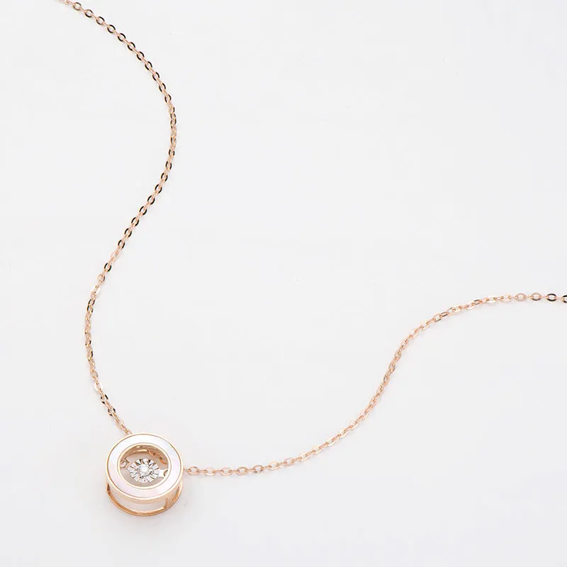 18K Gold 0.021ct Natural Diamond 0.45ct Mother-Of-Pearl Circle Dancing Pendant Necklace