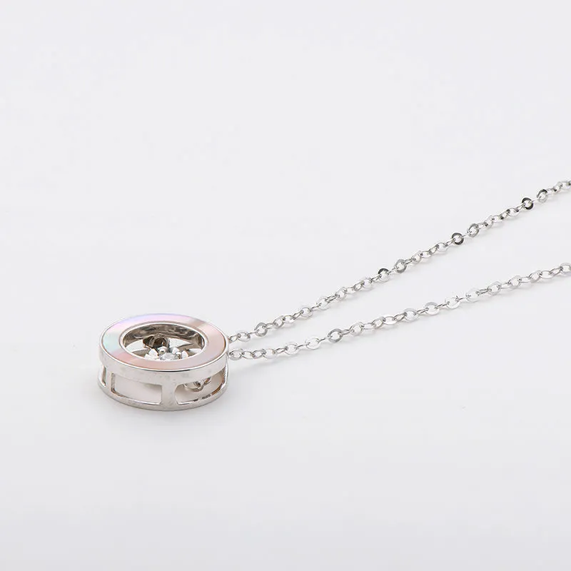 18K Gold 0.021ct Natural Diamond 0.45ct Mother-Of-Pearl Circle Dancing Pendant Necklace