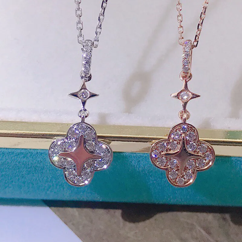 18K Gold 0.195ct Real Diamond Fashion Clover Star Pendant Necklace Color H, Clarity SI