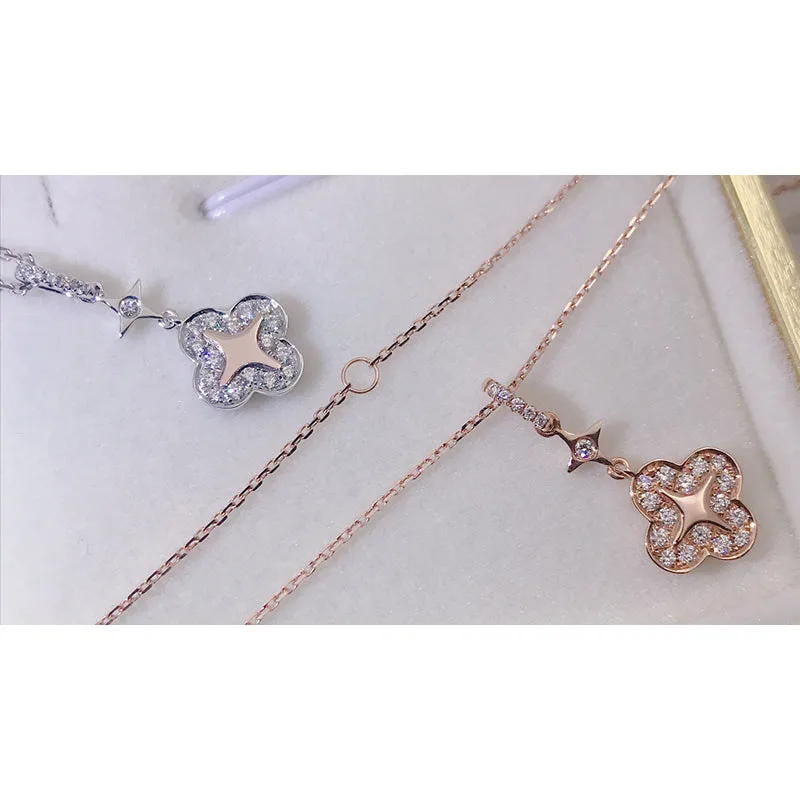 18K Gold 0.195ct Real Diamond Fashion Clover Star Pendant Necklace Color H, Clarity SI
