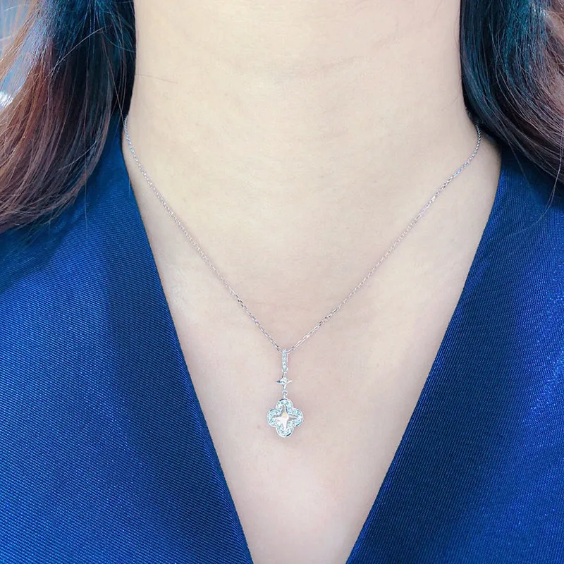 18K Gold 0.195ct Real Diamond Fashion Clover Star Pendant Necklace Color H, Clarity SI