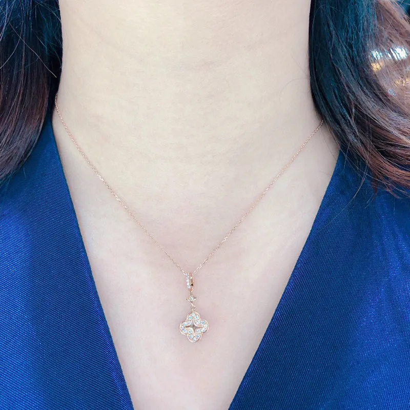 18K Gold 0.195ct Real Diamond Fashion Clover Star Pendant Necklace Color H, Clarity SI