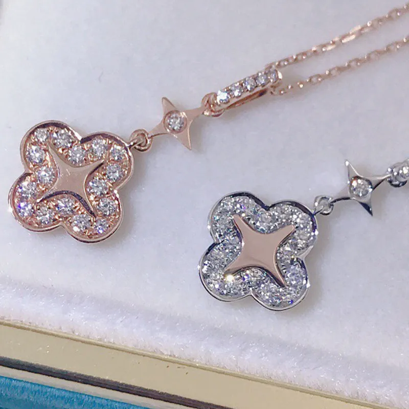 18K Gold 0.195ct Real Diamond Fashion Clover Star Pendant Necklace Color H, Clarity SI