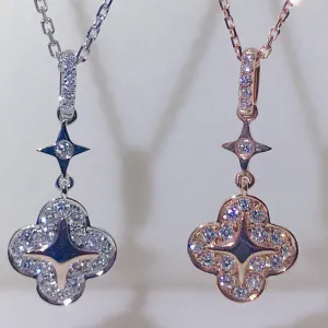 18K Gold 0.195ct Real Diamond Fashion Clover Star Pendant Necklace Color H, Clarity SI