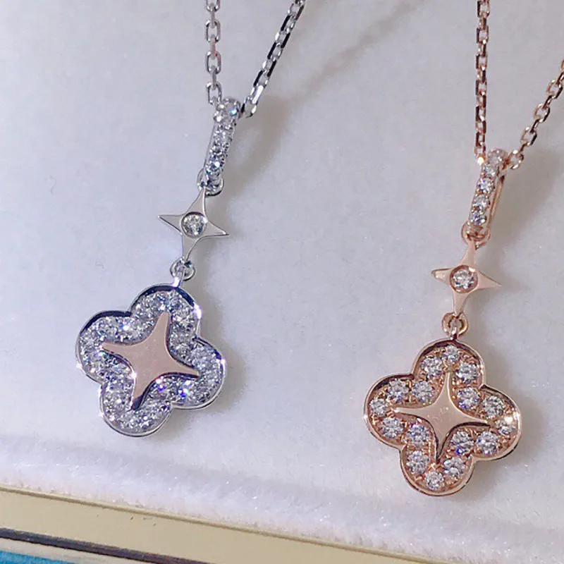 18K Gold 0.195ct Real Diamond Fashion Clover Star Pendant Necklace Color H, Clarity SI