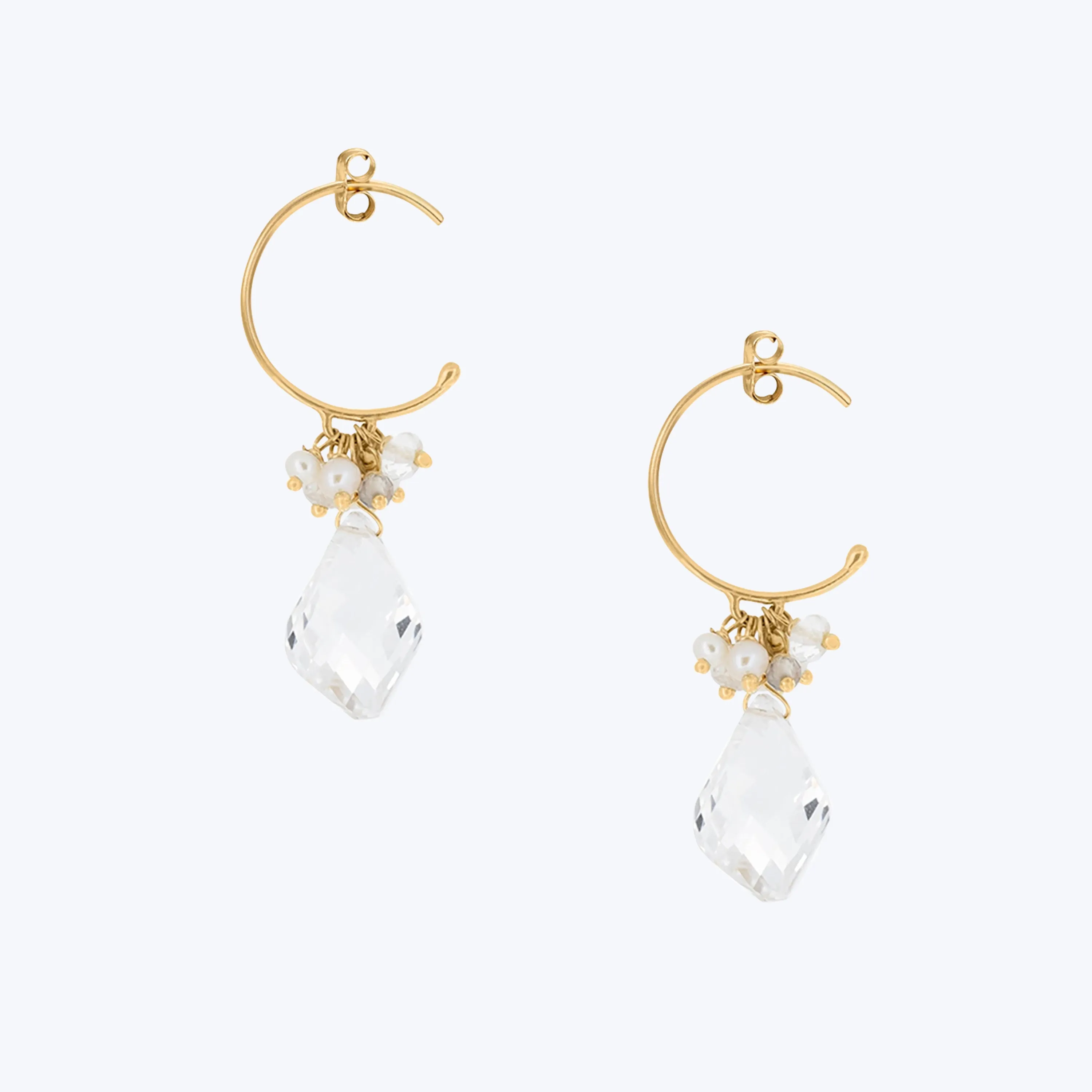 18K Gold Goddess of Pearl Earrings with Pearls   Twisted Crystal Clusters