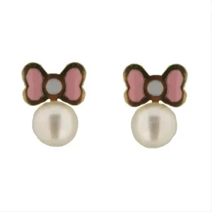 18K Gold Pink and White Enamel Bow Pearl Screwback Earrings