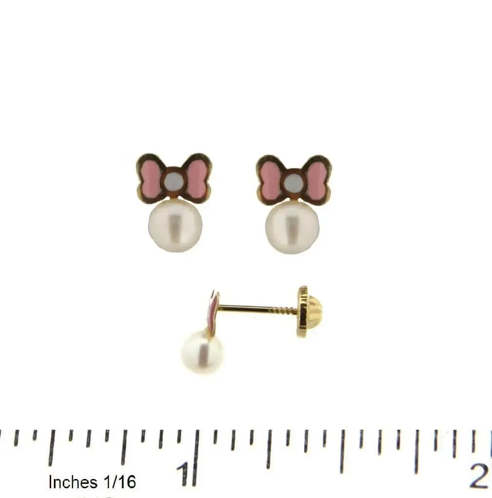 18K Gold Pink and White Enamel Bow Pearl Screwback Earrings
