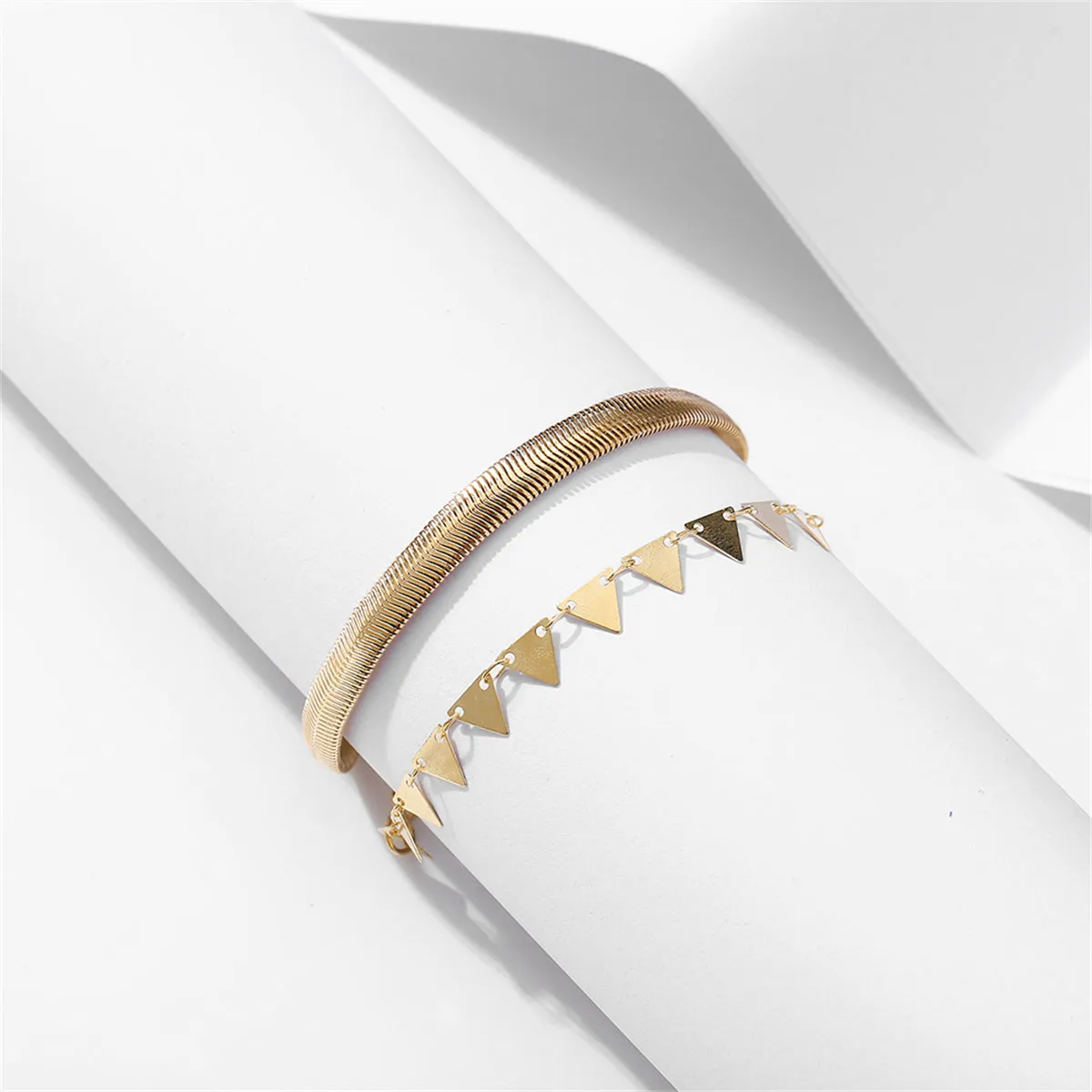 18K Gold-Plated Snake Chain & Triangle Station Anklet Set