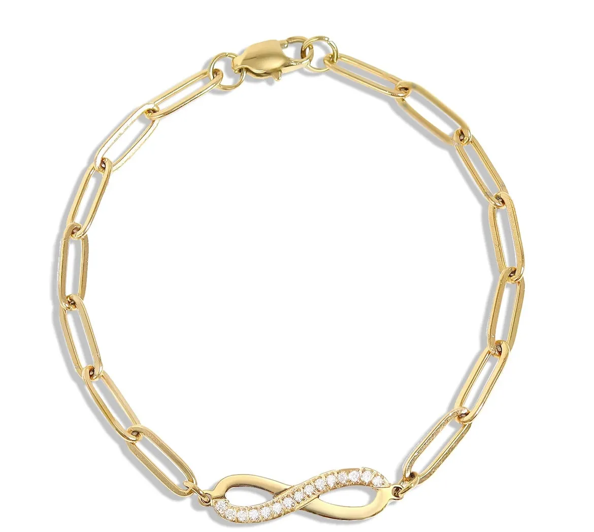 18K Gold PVD Stainless Steel Stone "Infinity" Paperclip Chain Bracelet - In Gold