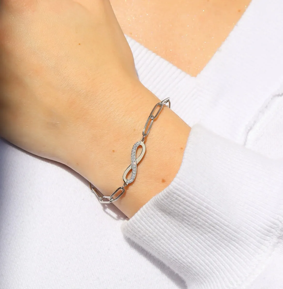 18K Gold PVD Steel Stone "Infinity" Paperclip Chain Bracelet - In Silver
