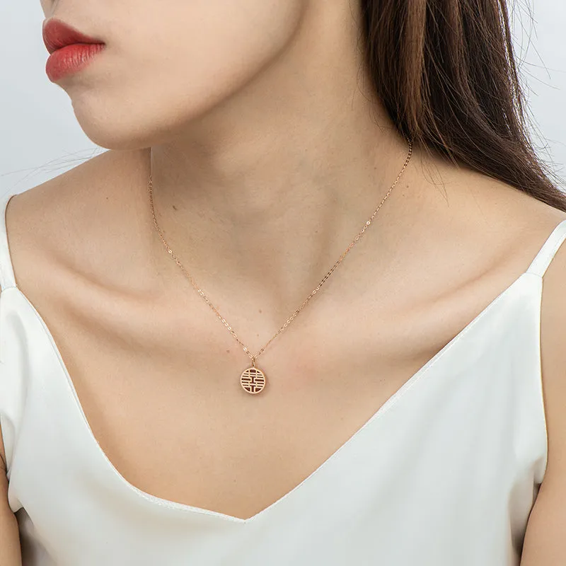 18K Rose Gold 0.008ct Diamond 1.24ct Natural Red Agate Double Happiness Circle Pendant Necklace