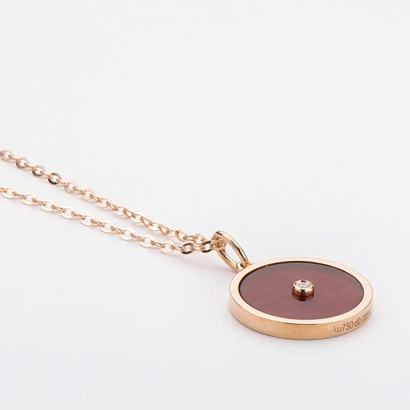 18K Rose Gold 0.008ct Diamond 1.24ct Natural Red Agate Double Happiness Circle Pendant Necklace