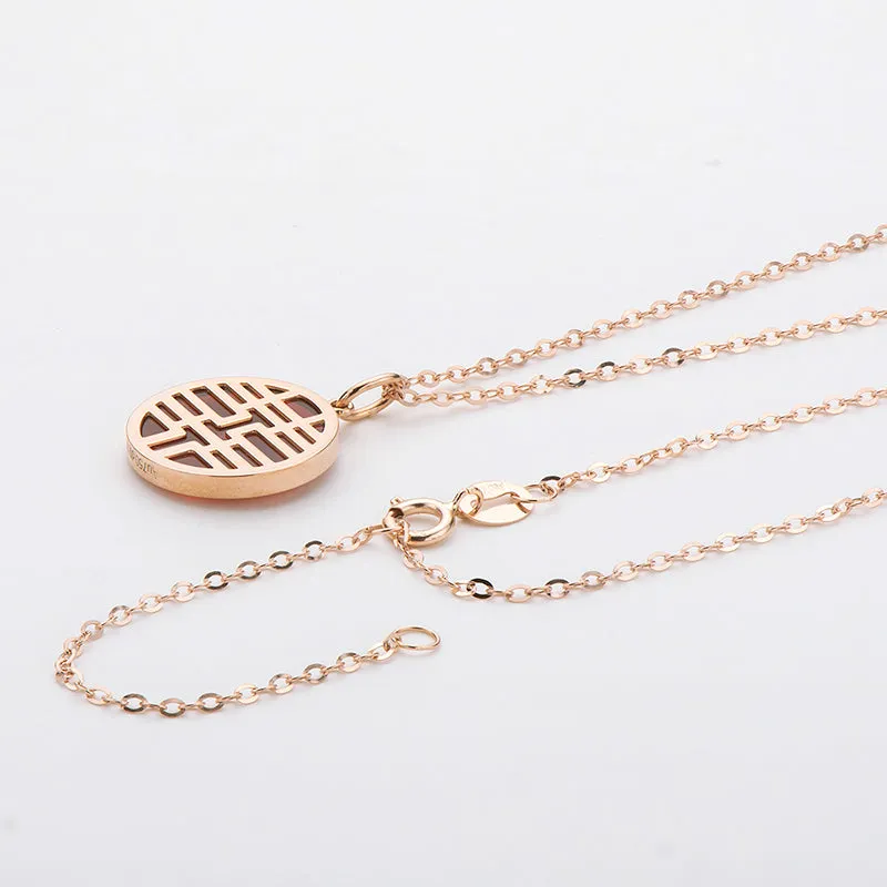 18K Rose Gold 0.008ct Diamond 1.24ct Natural Red Agate Double Happiness Circle Pendant Necklace