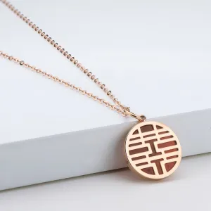 18K Rose Gold 0.008ct Diamond 1.24ct Natural Red Agate Double Happiness Circle Pendant Necklace