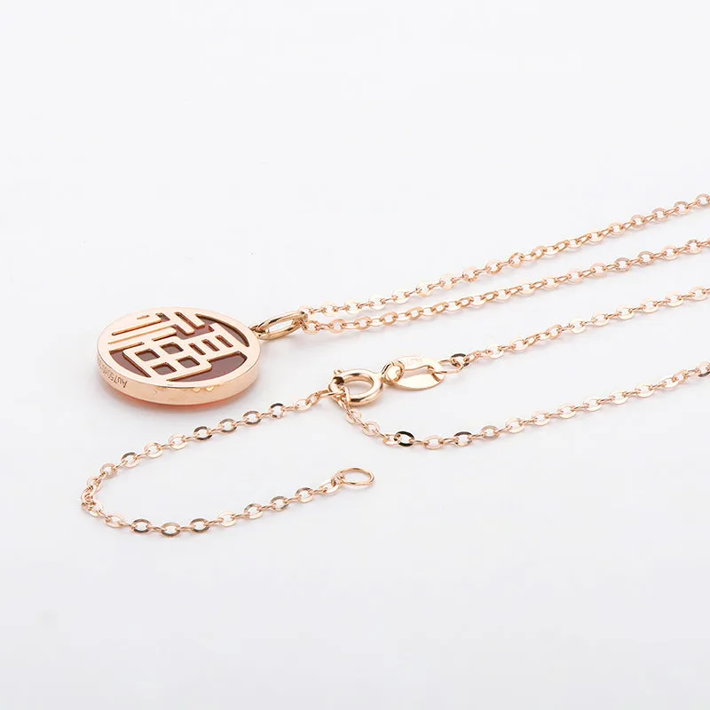 18K Rose Gold 0.008ct Natural Diamond 1.24ct Red Agate Blessing Pendant Necklace