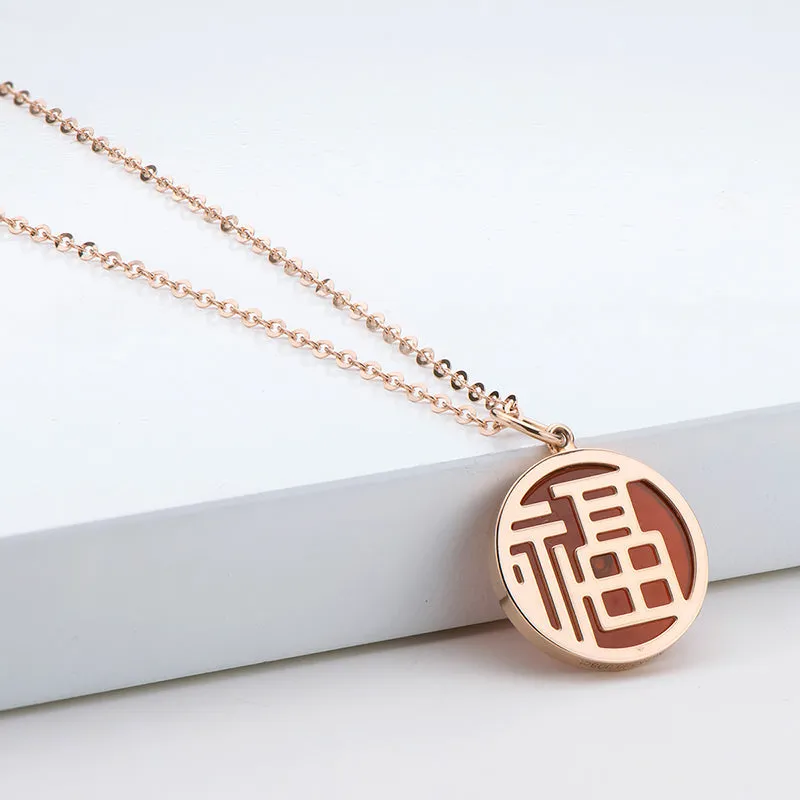 18K Rose Gold 0.008ct Natural Diamond 1.24ct Red Agate Blessing Pendant Necklace