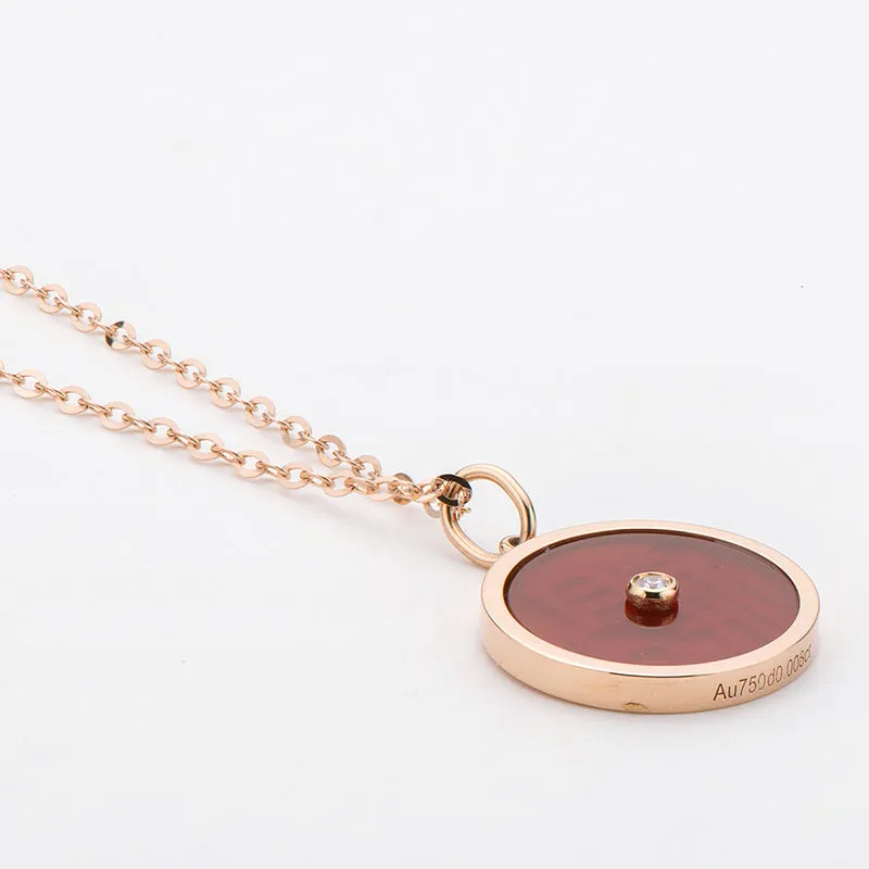 18K Rose Gold 0.008ct Natural Diamond 1.24ct Red Agate Blessing Pendant Necklace