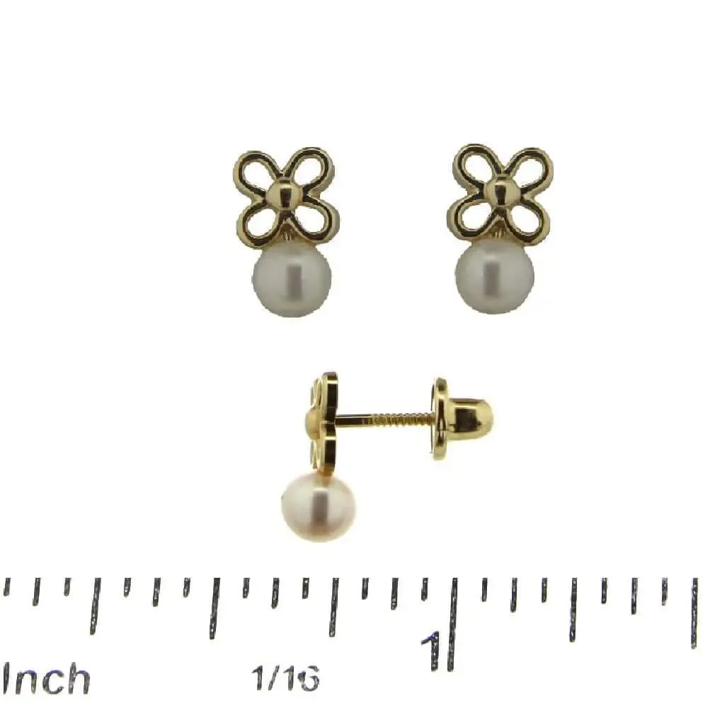18K Yellow Gold Open Flower and Pearl Screwback Earrings