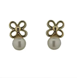 18K Yellow Gold Open Flower and Pearl Screwback Earrings