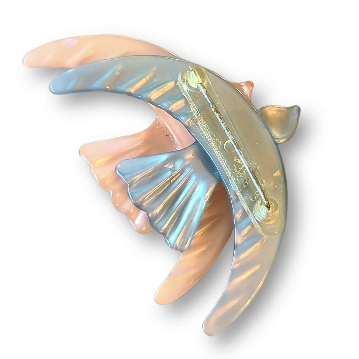 1940s Pink and Blue Lucite Flying Birds Pin