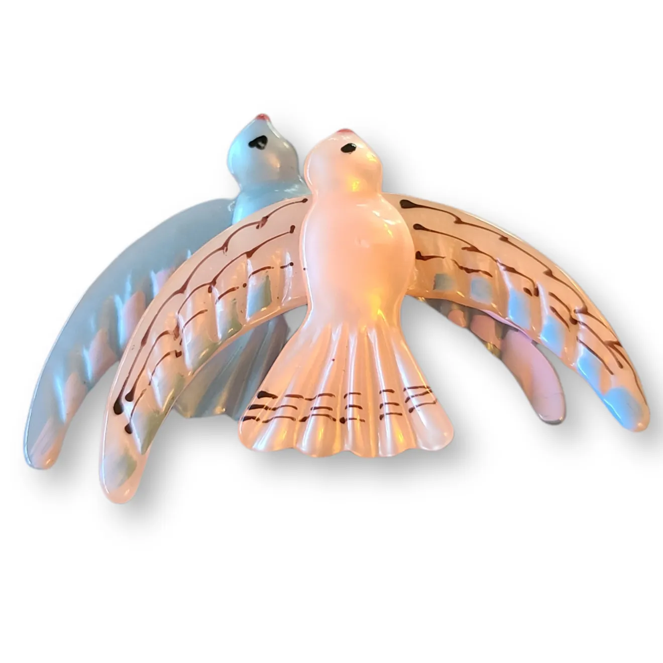 1940s Pink and Blue Lucite Flying Birds Pin