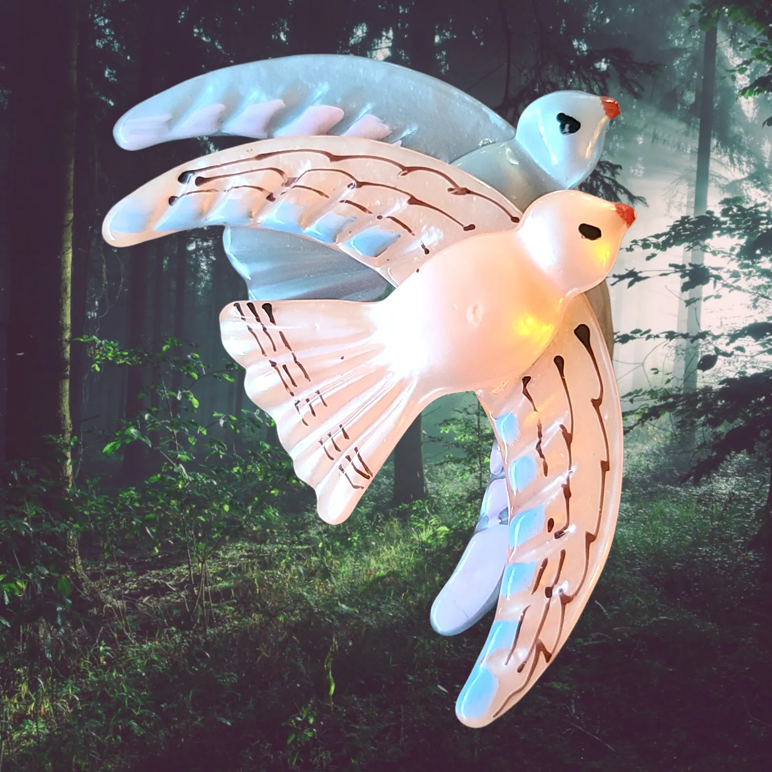 1940s Pink and Blue Lucite Flying Birds Pin