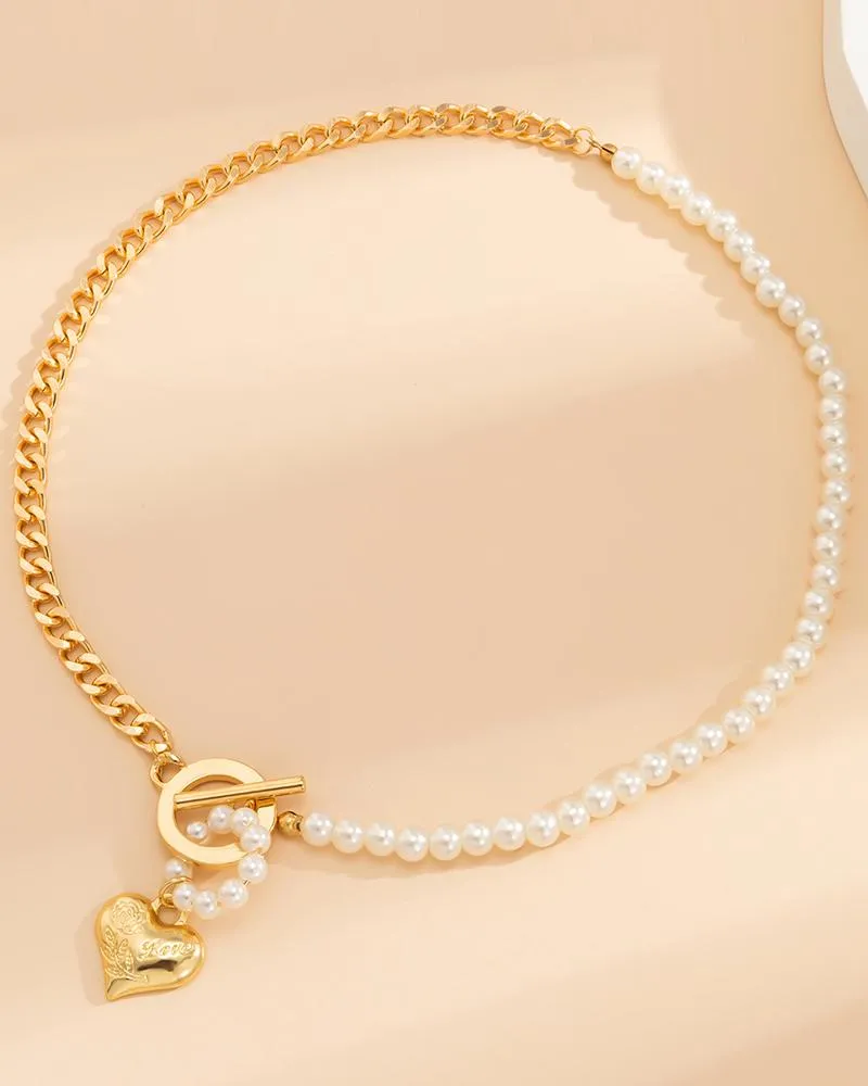 1pc Pearls Decor OT Toggle Heart Pendant Necklace