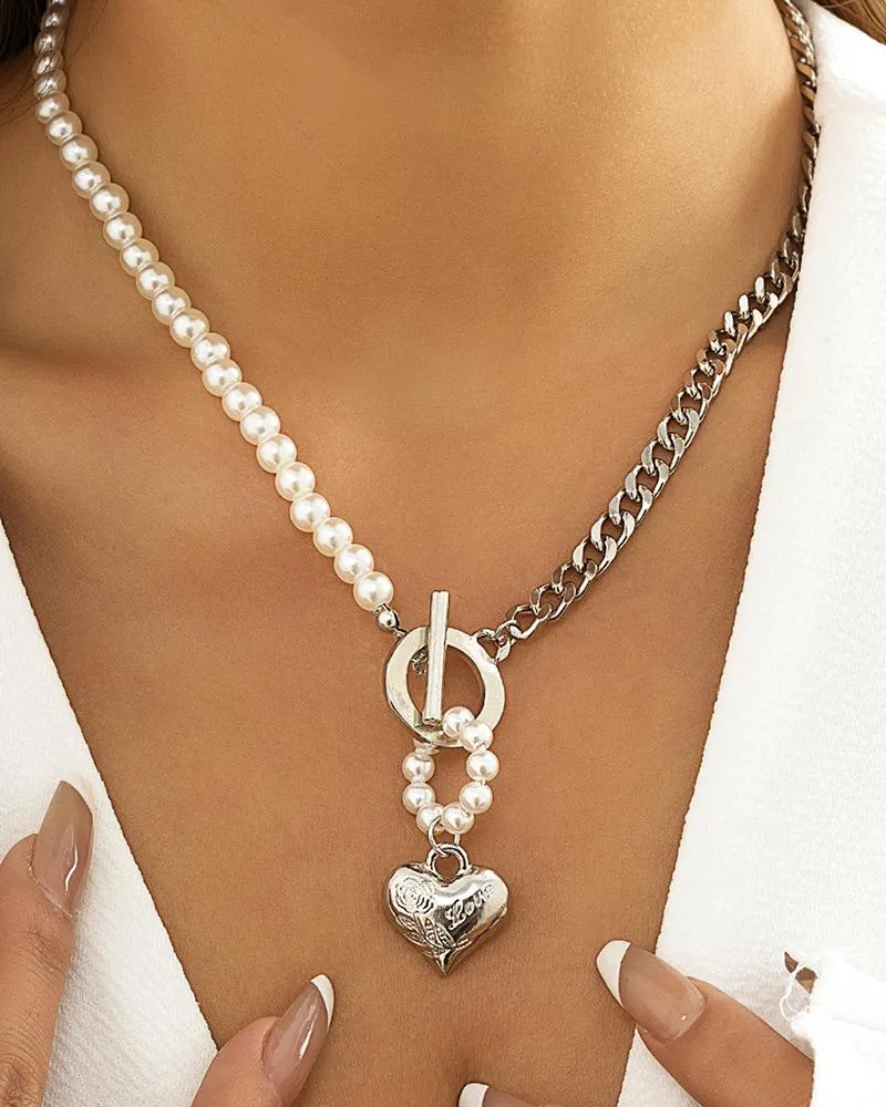 1pc Pearls Decor OT Toggle Heart Pendant Necklace