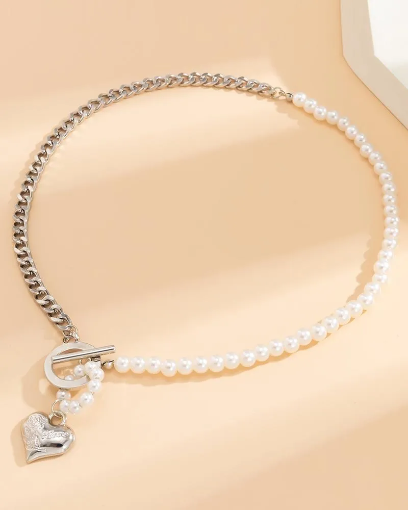 1pc Pearls Decor OT Toggle Heart Pendant Necklace